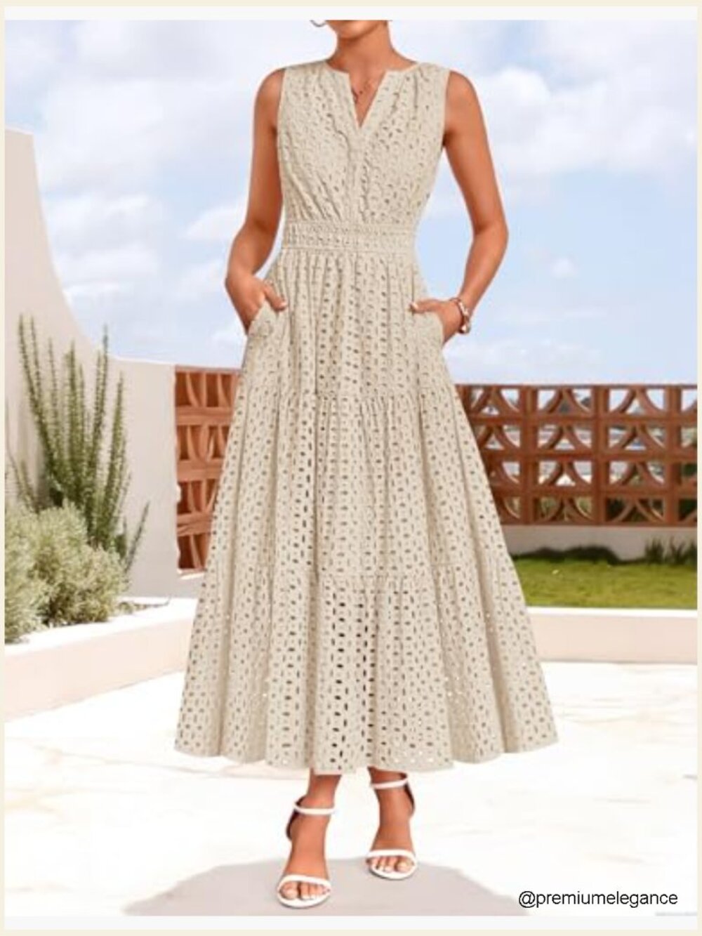 Sleeveless Maxi Dress with Eyelet Embroidery, V-Neck, Elastic Waist, Pockets - Picture 5 of 7